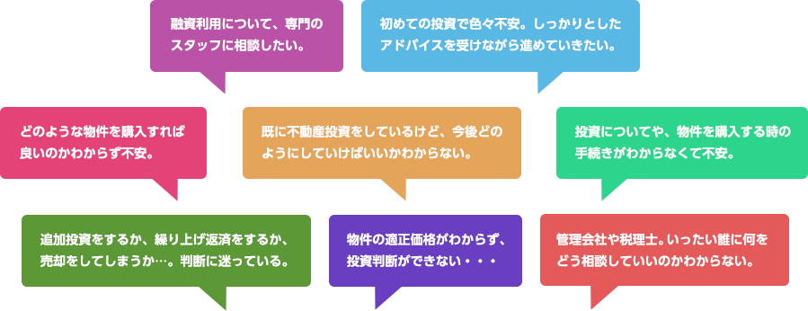 融資利用について、専門のスタッフに相談したい。初めての投資で色々不安。しっかりとしたアドバイスを受けながら進めていきたい。どのような物件を購入すれば良いのかわからず不安。既に不動産投資をしているけど、今後どのようにしていけばいいかわからない。投資についてや、物件を購入する時の手続きがわからなくて不安。追加投資をするか、繰り上げ返済をするか、売却をしてしまうか…。判断に迷っている。物件の適正価格がわからず、投資判断ができない・・・管理会社や税理士。いったい誰に何をどう相談していいのかわからない。